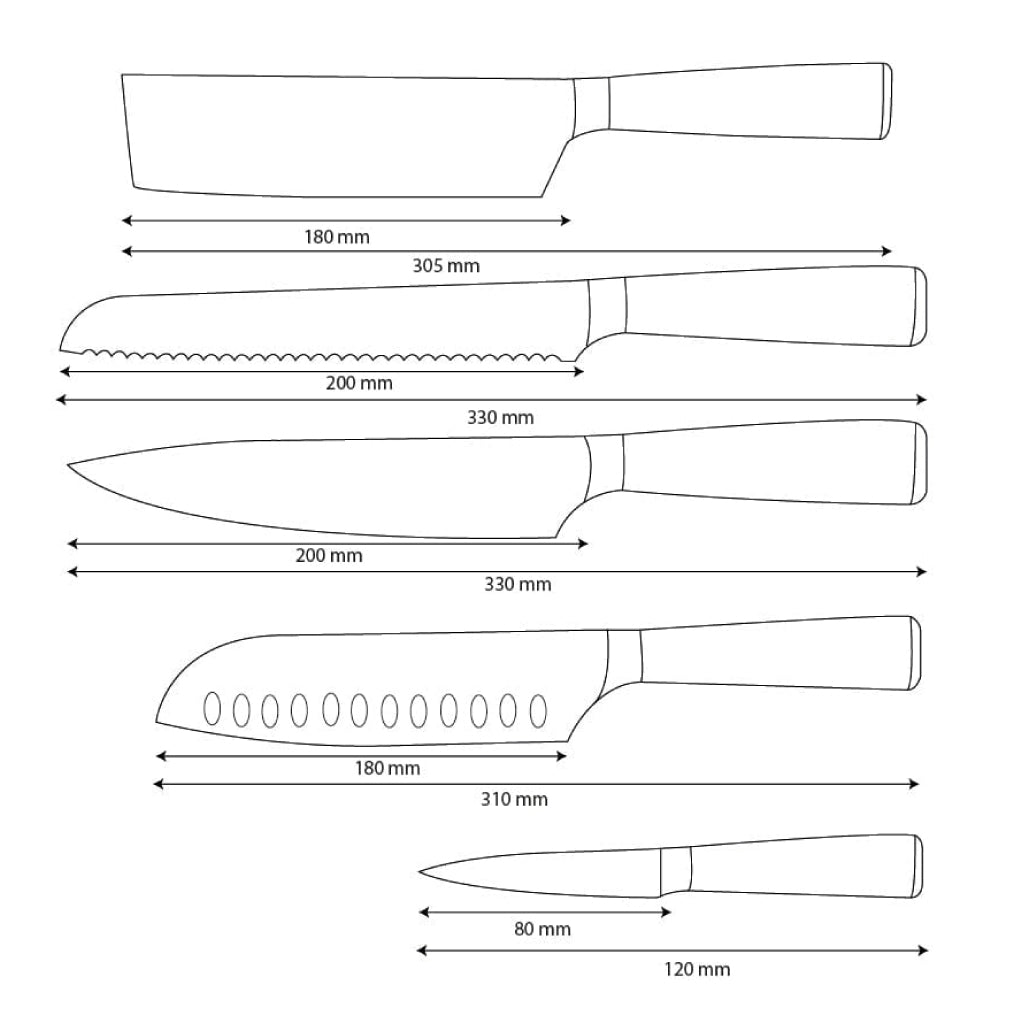 Shinrai Knives - Damascus Print Epoxy Onyx 5-piece Knife Set - Chef's Knife + Bread Knife + Nakiri + Santoku + Paring Knife