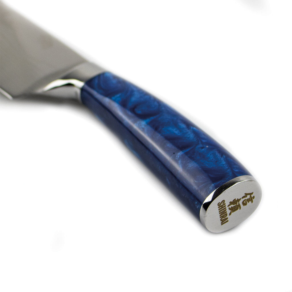 Shinrai Japan - Ensemble de couteaux 6 pièces à imprimé époxy saphir damas + bloc de couteaux magnétique Scalae - Bois d'acacia