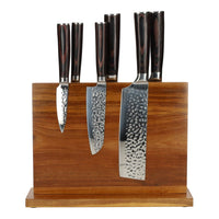 Hammered RVS 6-delige Messenset + Acacia houder dubbelzijdig Messenset met blok Shinrai Japan