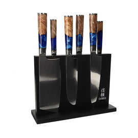 Shinrai Japan - Ensemble de couteaux Damas 6 pièces Epoxy Sapphire + bloc de couteaux magnétique double face - Noir Bezig met laden...