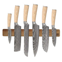 Couteaux Shinrai - Coffret de 6 couteaux Akari Damascus Print + Support mural magnétique pour couteaux - Coffret de couteaux en bois d'acacia avec bloc Shinrai