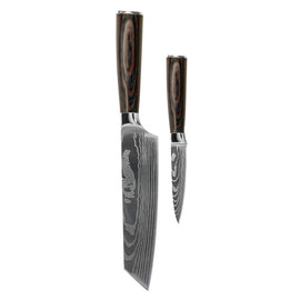 Couteaux Shinrai - Ensemble de 2 couteaux imprimés Damas - Kiritsuke + couteau d'office Shinrai Knives - Damascus Print 2-delige Messenset - Kiritsuke + Schilmes Messenset Shinrai Knives