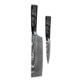 Couteaux Shinrai - Ensemble de 2 couteaux en résine époxy et onyx imprimé Damas - Nakiri + couteau d'office Shinrai Knives - Damascus Print Epoxy Onyx 2-delige Messenset - Nakiri + Schilmes Messenset Shinrai Knives