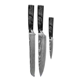 Couteaux Shinrai - Ensemble de 3 couteaux en résine époxy et onyx imprimé Damas - Couteau de chef, couteau à pain et couteau d'office Shinrai Knives - Damascus Print Epoxy Onyx 3-delige Messenset - Koksmes + Broodmes + Schilmes Messenset Shinrai Knives