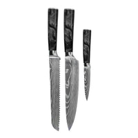 Couteaux Shinrai - Coffret de 3 couteaux en époxy onyx à motif damassé - Couteau de chef + Couteau à pain + Couteau d'office