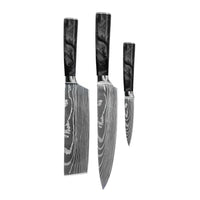 Couteaux Shinrai - Coffret de 3 couteaux en époxy onyx à motif damassé - Couteau de chef + Nakiri + Couteau d'office