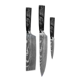 Couteaux Shinrai - Ensemble de 3 couteaux en résine époxy et onyx imprimé Damas - Couteau de chef, couteau Nakiri et couteau d'office Shinrai Knives - Damascus Print Epoxy Onyx 3-delige Messenset - Koksmes + Nakiri + Schilmes Messenset Shinrai Knives
