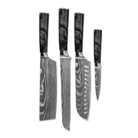 Couteaux Shinrai - Coffret de 4 couteaux en époxy onyx à motif damassé - Santoku + couteau à pain + Nakiri + couteau d'office