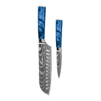 Shinrai Knives - Damascus Print Epoxy Sapphire 2-delige Messenset - Santoku + Schilmes Messenset Shinrai Knives
