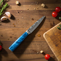 Couteaux Shinrai - Coffret de 3 couteaux en résine époxy saphir à motif damassé - Couteau de chef + Couteau à pain + Couteau d'office