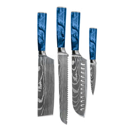 Couteaux Shinrai - Ensemble de 4 couteaux en résine époxy et saphir imprimé Damas - Santoku + couteau à pain + couteau Nakiri + couteau d'office Shinrai Knives - Damascus Print Epoxy Sapphire 4-delige Messenset - Santoku + Broodmes + Nakiri + Schilmes Messenset Shinrai Knives