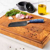 Couteaux Shinrai - Coffret de 4 couteaux en résine époxy saphir à motif damassé - Santoku + couteau à pain + Nakiri + couteau d'office