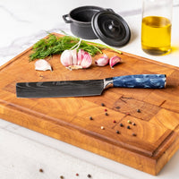Couteaux Shinrai - Coffret de 4 couteaux en résine époxy saphir à motif damassé - Santoku + couteau à pain + Nakiri + couteau d'office