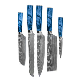 Couteaux Shinrai - Ensemble de 5 couteaux en résine époxy et saphir imprimé Damas - Couteau de chef, couteau à pain, couteau Nakiri, petit Santoku et couteau d'office Shinrai Knives - Damascus Print Epoxy Sapphire 5-delige Messenset - Koksmes + Broodmes + Nakiri + Kleine Santoku + Schilmes Messenset Shinrai Knives
