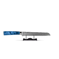 Couteaux Shinrai - Coffret de 5 couteaux en résine époxy saphir à motif damassé - Couteau de chef + Couteau à pain + Nakiri + Santoku + Couteau d'office