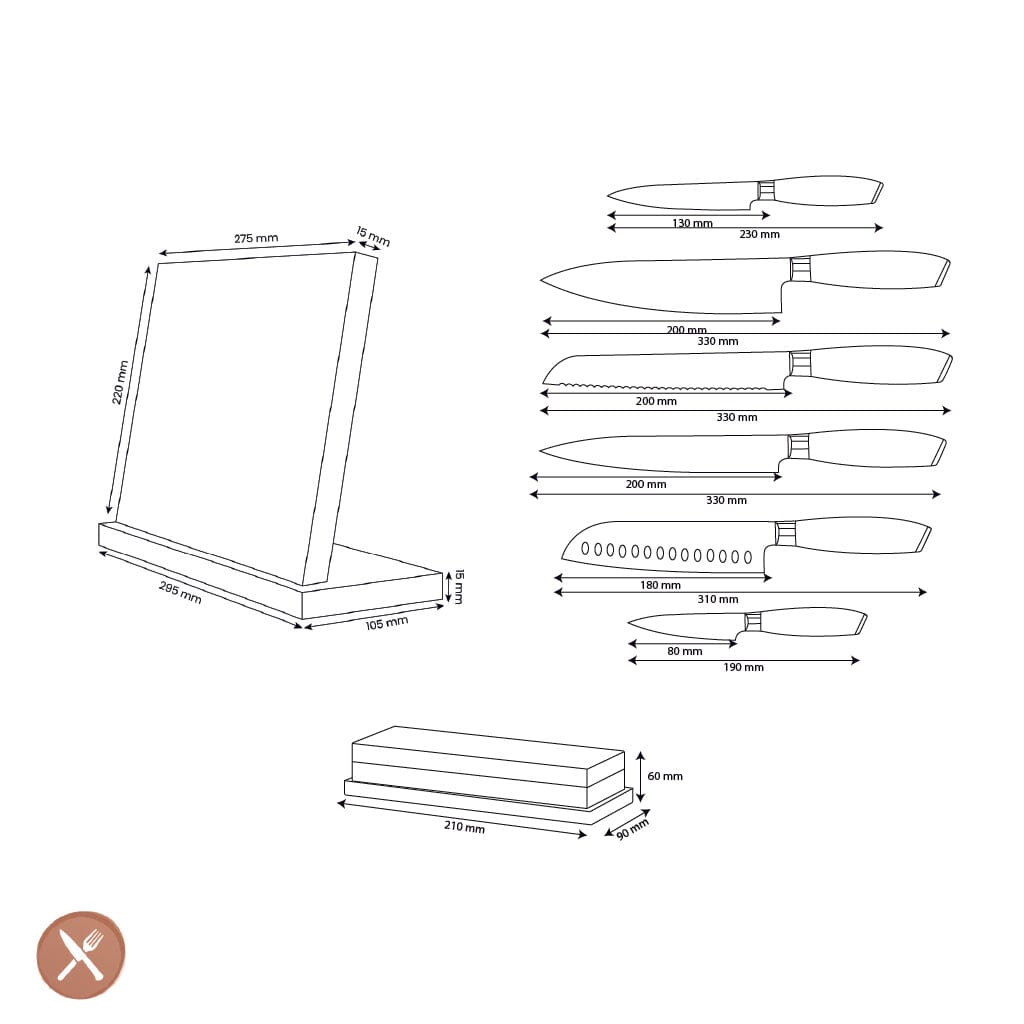 Shinrai Knives - Damast Pakka Wood 6-delige Messenset + Messenblok + Slijpsteen Messenset met blok en slijpsteen Shinrai Knives