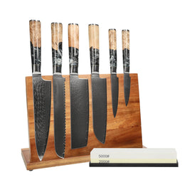 Shinrai Knives - Coffret de 6 couteaux en époxy onyx + bloc à couteaux + pierre à aiguiser Shinrai Knives - Epoxy Onyx 6-delige Messenset + Messenblok + Slijpsteen Messenset met blok en slijpsteen Shinrai Knives