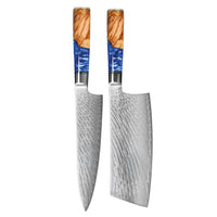 Couteaux Shinrai - Coffret de 2 couteaux damassés en saphir époxy - Couteau de chef + couteau Nakiri
