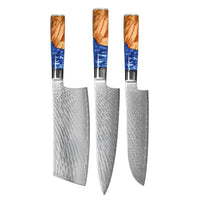 Shinrai Knives - Epoxy Sapphire 3-delige Damascus Messenset - Koksmes + Nakiri + Santoku Messenset Shinrai Knives