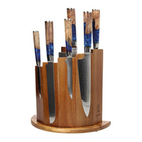 Couteaux Shinrai - Coffret de 6 couteaux damassés en époxy saphir + bloc magnétique ; Couteaux Scalae - Coffret de couteaux en bois d'acacia avec bloc ; Couteaux Shinrai