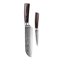 Couteaux Shinrai - Ensemble de 2 couteaux en acier inoxydable martelé - Santoku + couteau d'office Shinrai Knives - Hammered RVS 2-delige Messenset - Santoku + Schilmes Messenset Shinrai Knives
