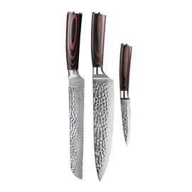Couteaux Shinrai - Ensemble de 3 couteaux en acier inoxydable martelé - Couteau de chef + Couteau à pain + Couteau d'office Shinrai Knives - Hammered RVS 3-delige Messenset - Koksmes + Broodmes + Schilmes Messenset Shinrai Knives