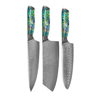 Shinrai Knives - Parelmoer Jewels 3-delige Damascus Messenset - Koksmes + Nakiri + Santoku Messenset Shinrai Knives