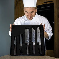 Hammered Damast BR 5-delige Damascus Messenset + Acacia houder enkelzijdig Messensets Shinrai Japan