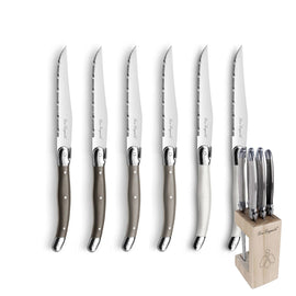 Lou Laguiole - Tradition 6 Steak Knives + Knife Block - Pepper/Pearl/Taupe Lou Laguiole - 6-pc steak knives in wooden block- mixed colors (pepper/pearl/taupe) Steakmes Lou Laguiole