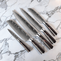 Messenset Damascus print 5 delig + Acacia Houder Dubbelzijdig Messenset met blok Shinrai Japan