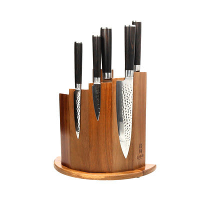 Shinrai Knives - Hammered Damask BR 5-Piece Knife Set + Magnetic Knife Block Scalae - Acacia