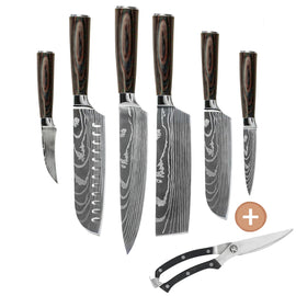 Shinrai Knives - Damascus Print set de couteaux 6 pièces + Ciseaux de jeu gratuits