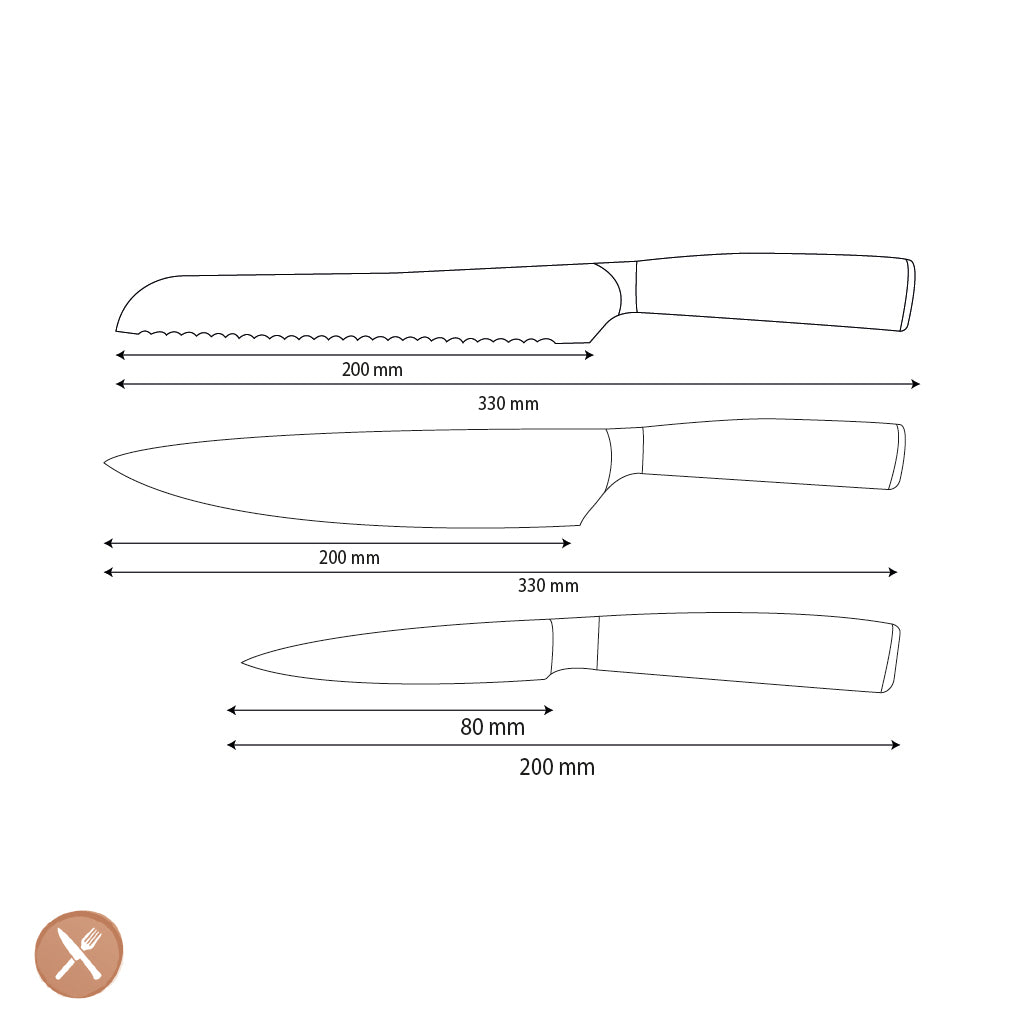 Shinrai Knives - Hammered Stainless Steel 3-Piece Knife Set - Chef's Knife + Bread Knife + Paring Knife