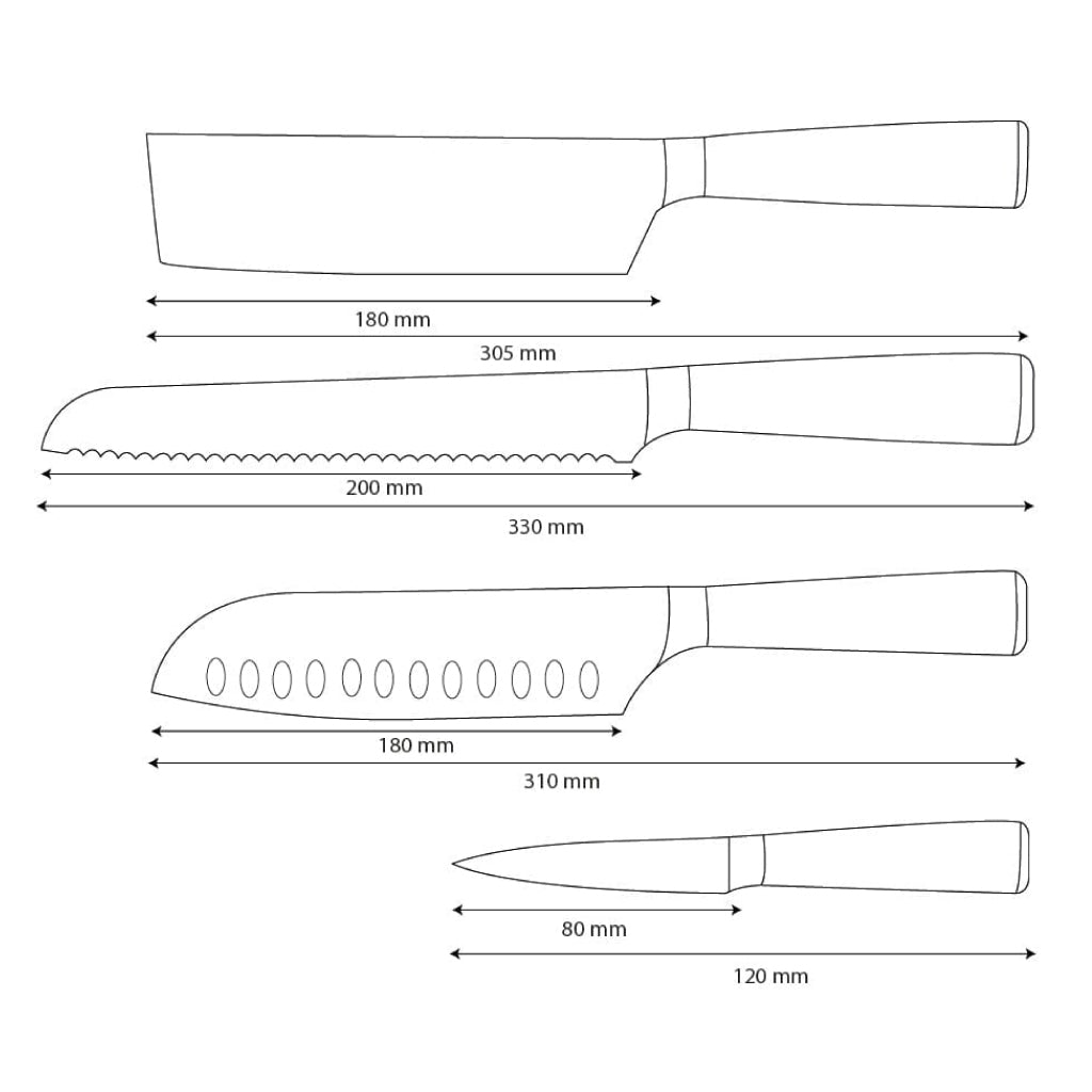 Shinrai Knives - Ensemble de 4 couteaux imprimés Damas - Santoku + Couteau à pain + Couteau Nakiri + Couteau d'office