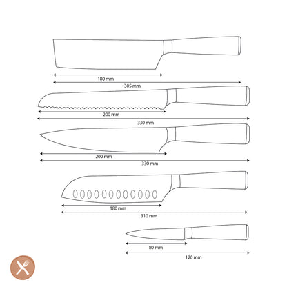 Couteaux Shinrai - Ensemble de couteaux 5 pièces imprimé Damas - Couteau de chef + Couteau à pain + Nakiri + Santoku + Couteau d&#39;office