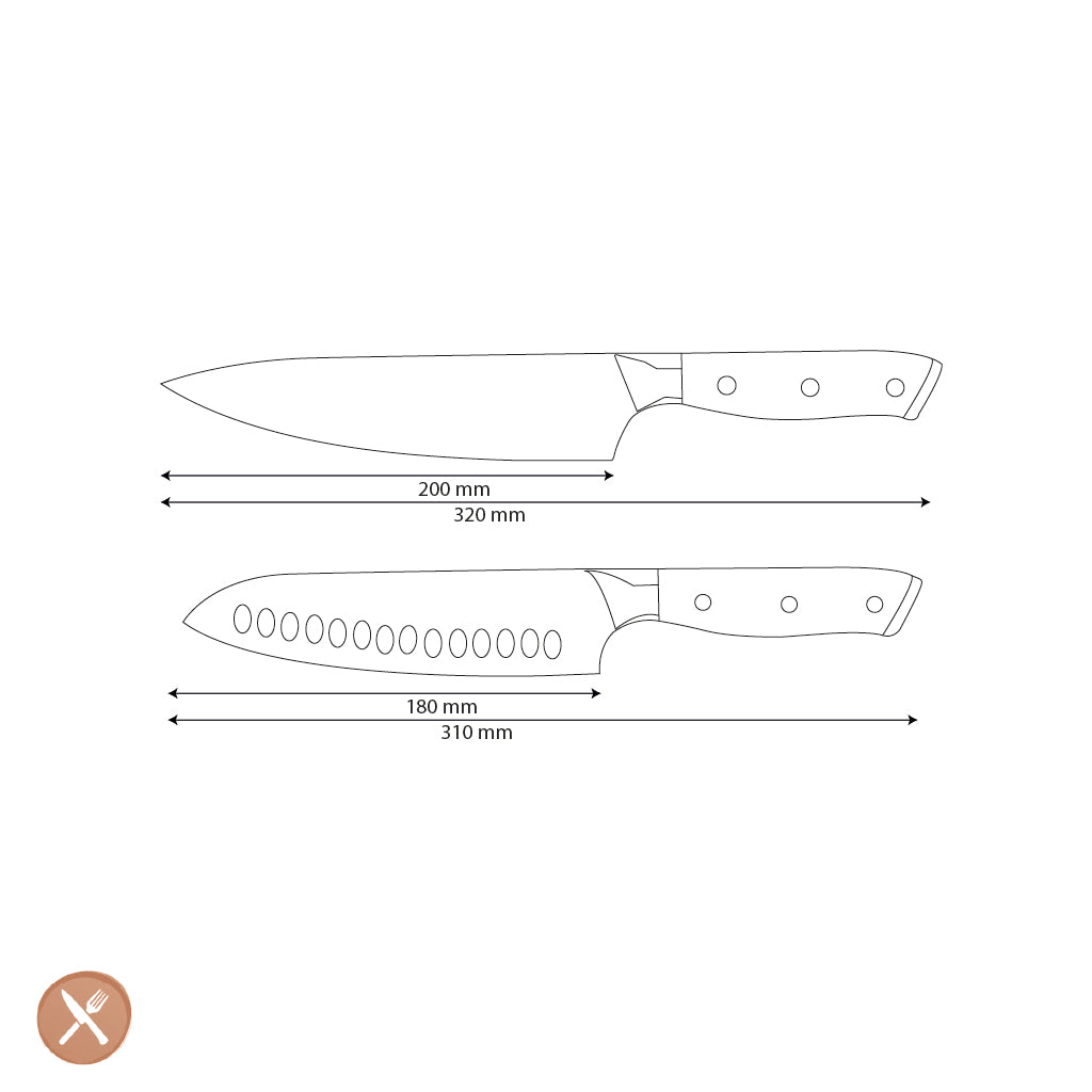 Shinrai Knives - Ensemble de 2 couteaux Damas en nacre - Couteau de chef + Couteau Santoku