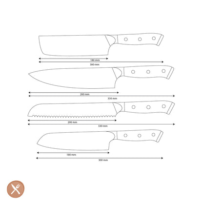 Shinrai Knives - Ensemble de 4 couteaux Damas Eclipse - Couteau de chef + Nakiri + Santoku + Couteau à pain