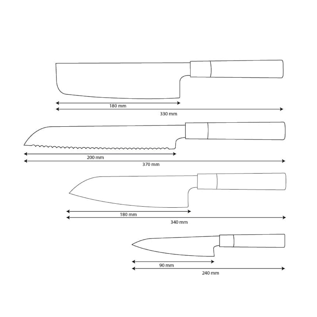 Shinrai Knives - Ensemble de couteaux Damas 4 pièces Takumi Kaza - Santoku + Couteau à pain + Nakiri + Couteau d'office