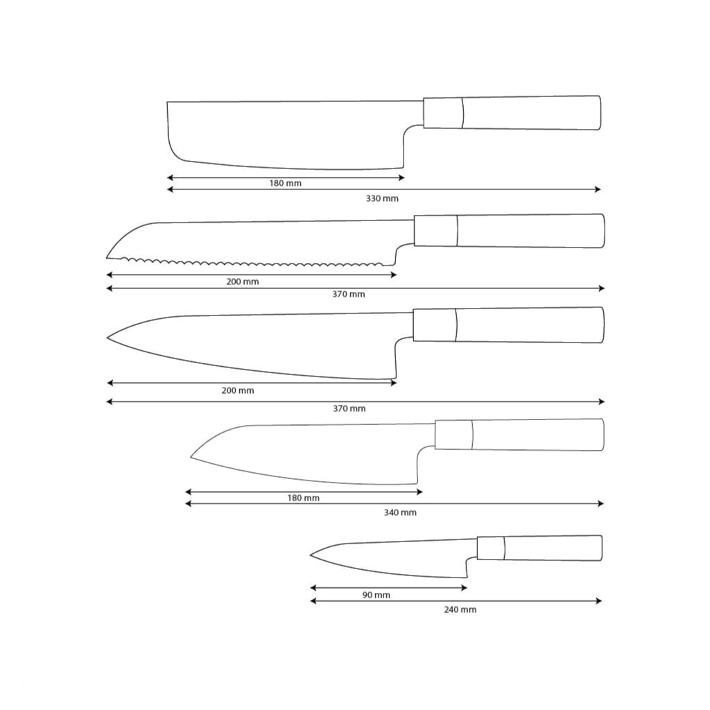 Shinrai Knives - Takumi Kaza 5-piece Damascus Knife Set - Chef's Knife + Bread Knife + Nakiri + Santoku + Paring Knife