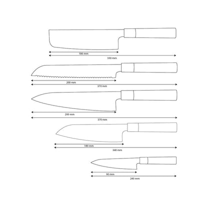 Shinrai Knives - Takumi Kaza 5-piece Damascus Knife Set - Chef's Knife + Bread Knife + Nakiri + Santoku + Paring Knife