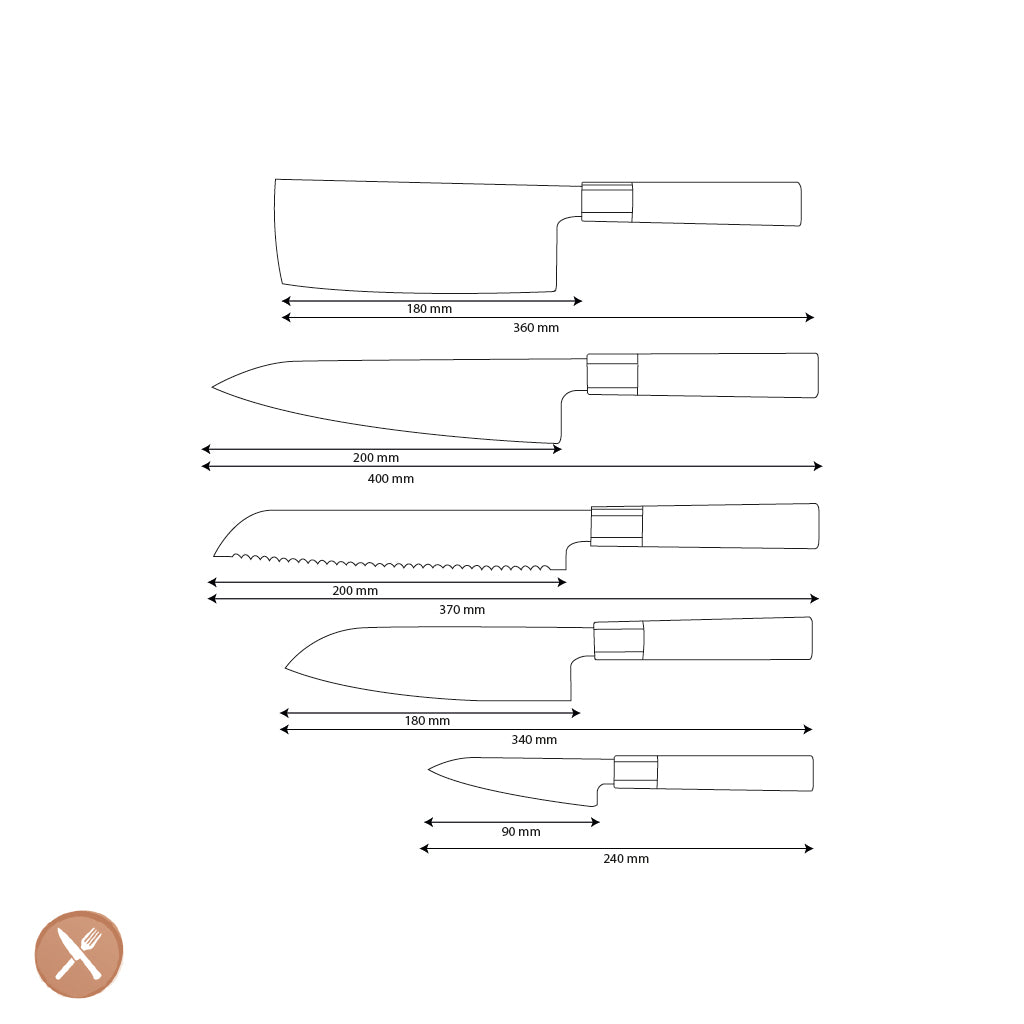 Couteaux Shinrai - Ensemble de couteaux Damas Kurayami 5 pièces - Couteau de chef + Couteau à pain + Nakiri + Santoku + Couteau d&#39;office
