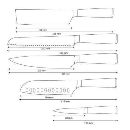 Shinrai Knives - Damascus Print Epoxy Onyx 5-piece Knife Set - Chef's Knife + Bread Knife + Nakiri + Santoku + Paring Knife
