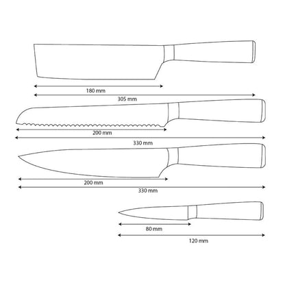 Shinrai Knives - Damascus Print 4-Piece Knife Set - Chef's Knife + Bread Knife + Nakiri + Paring Knife