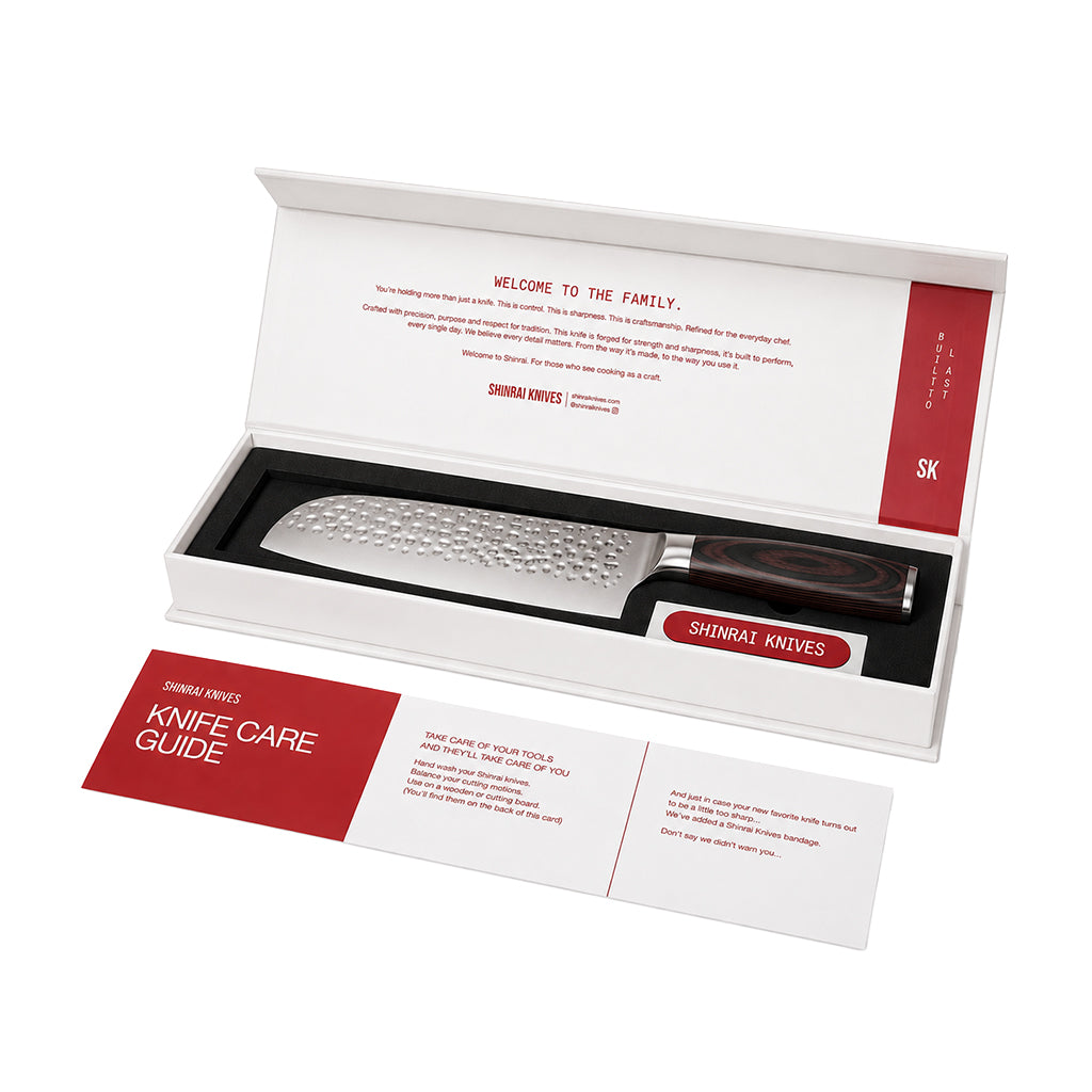 Shinrai Knives - Ensemble de 3 couteaux en acier inoxydable martelé - Couteau de chef + Santoku + Couteau d'office