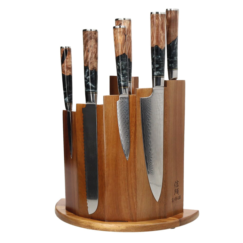 Shinrai Knives - Epoxy Onyx 6-piece Damascus Knife Set + Magnetic Knife Block Scalae - Acacia wood