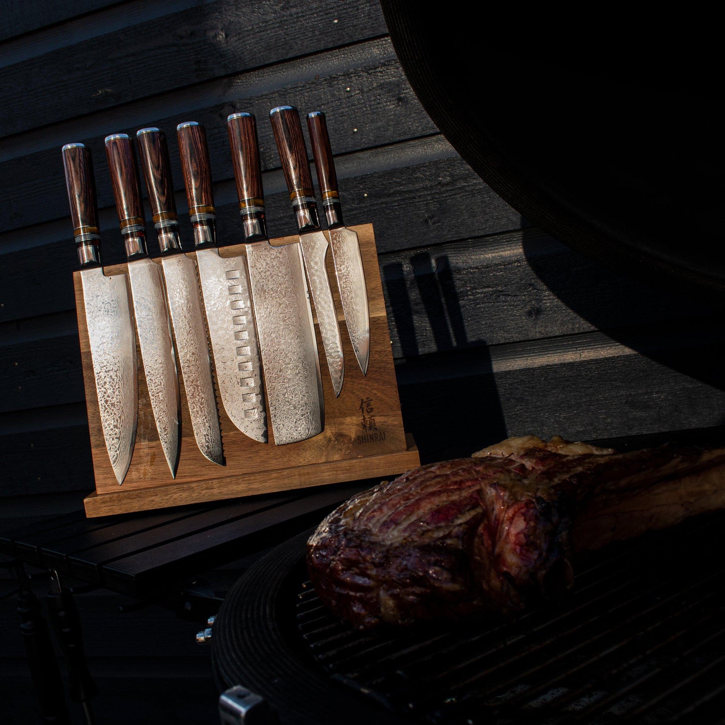 Shinrai Knives - Micarta Jewels 7-Piece Damascus Knife Set + Magnetic Knife Block Double Sided