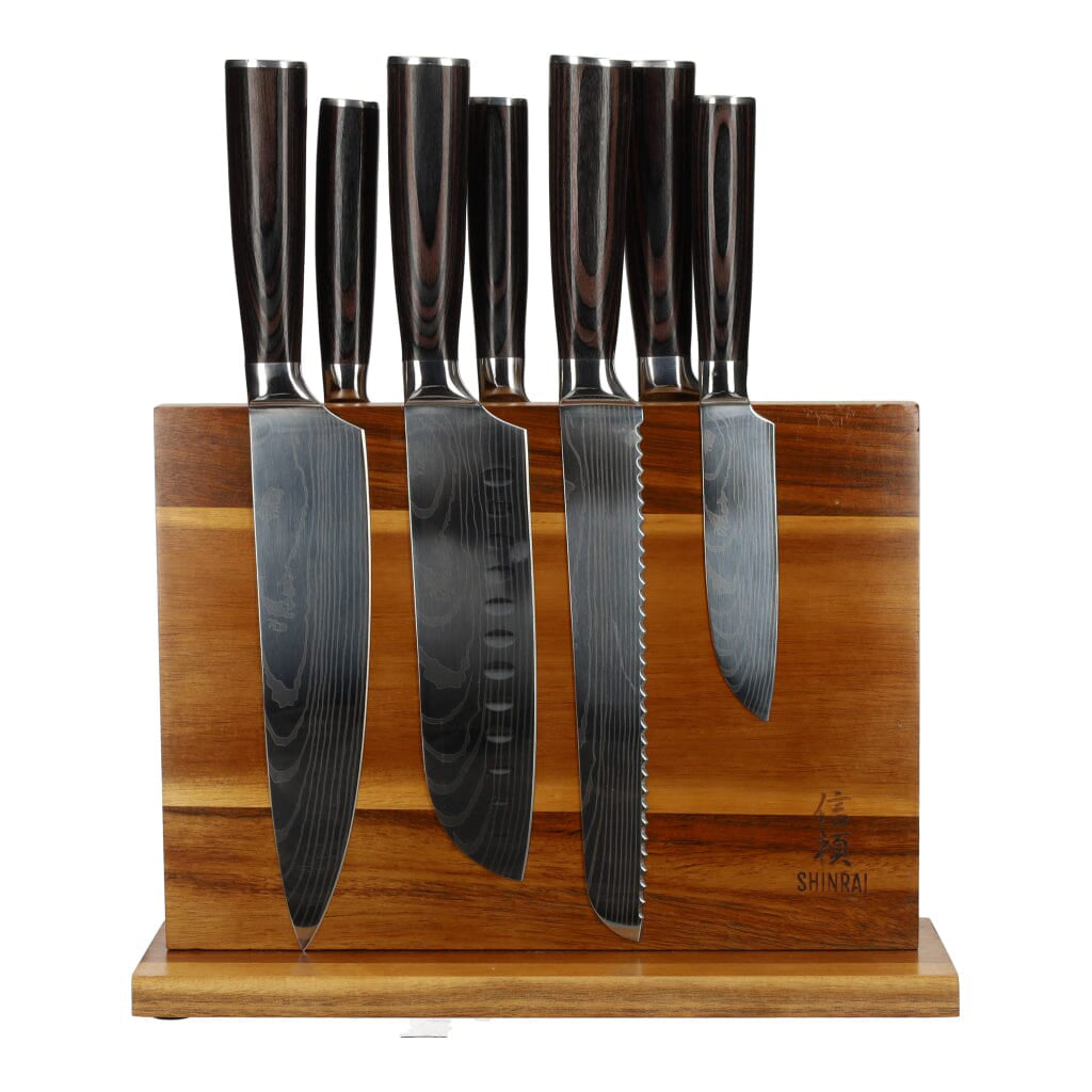 Damascus print 7-piece Knife Set + Magnetic Knife Block Double-sided
