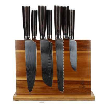 Damascus print 7-piece Knife Set + Magnetic Knife Block Double-sided