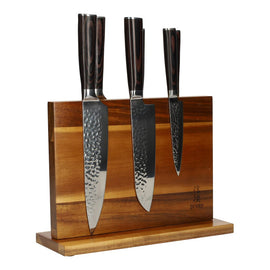 Hammered stainless steel 6-piece Knife set + Acacia holder double sided