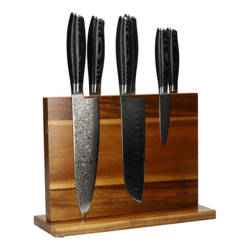 Damask Pakka Wood 6-piece Knife Set + Magnetic Knife Block Double Sided